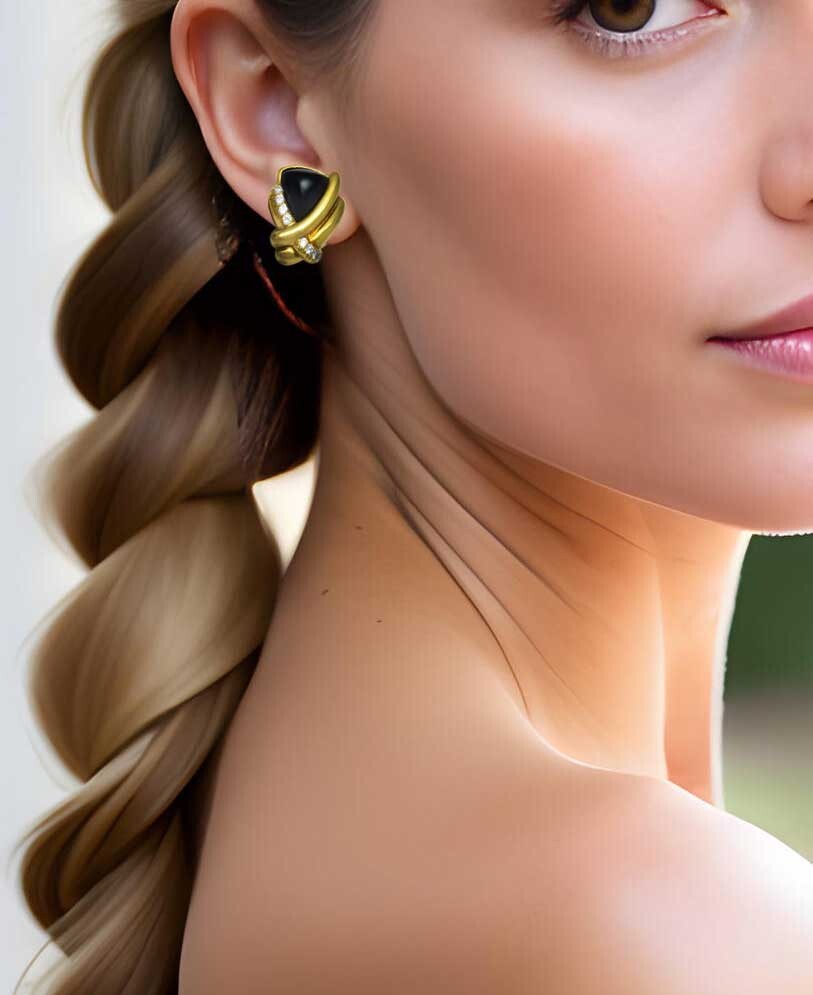 Ladies 18k Yellow Gold  "MARLENE STOWE" Wood & Diamond Earrings Omega Backs