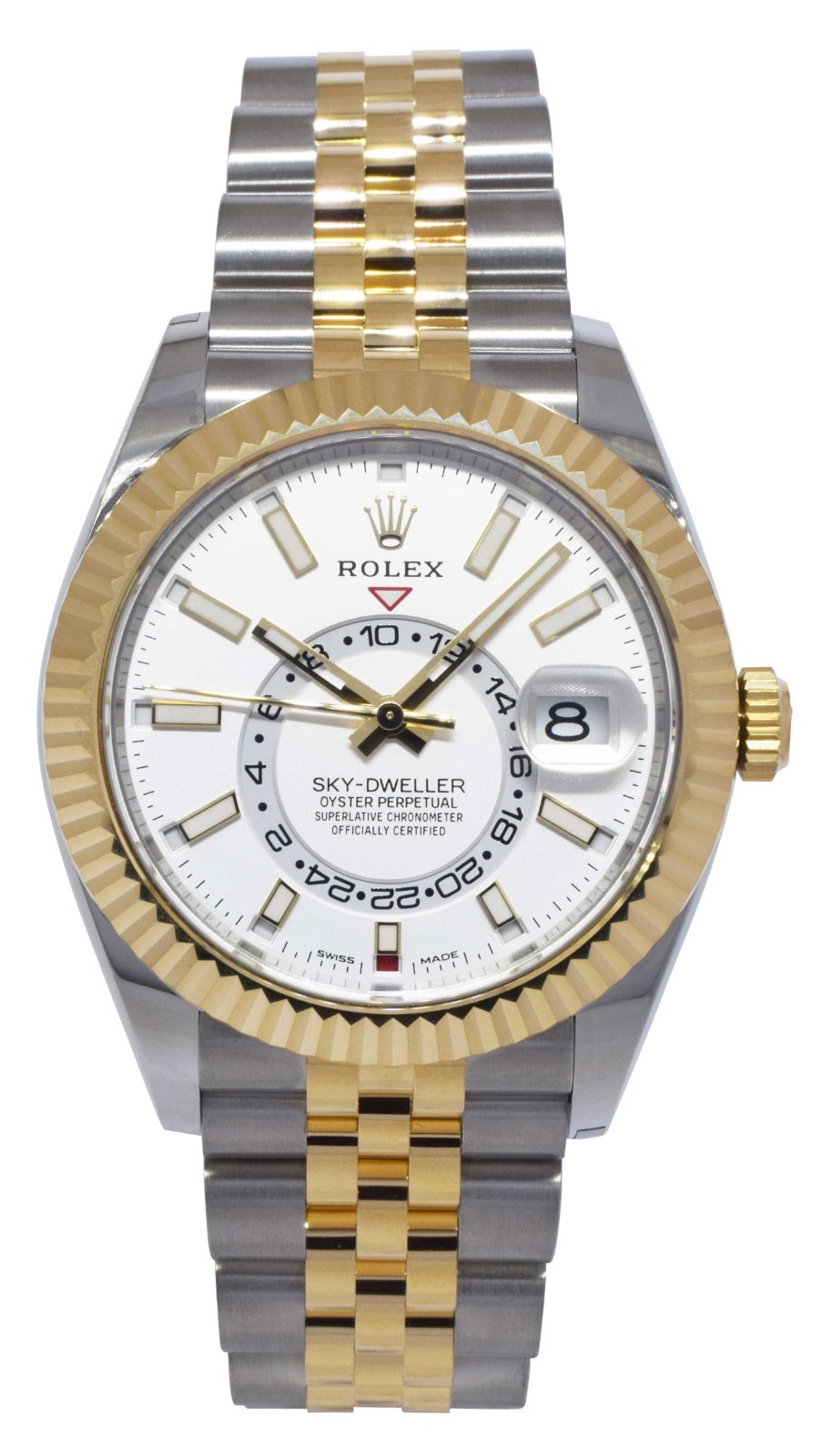 Rolex Sky-Dweller 18k Yellow Gold/Steel White Dial GMT 42mm Watch B/P '22 326933