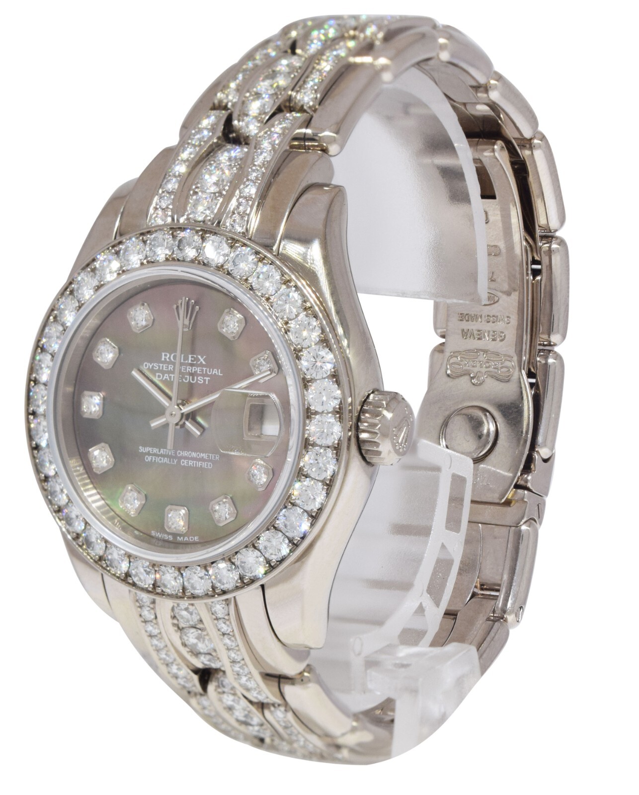 Rolex Datejust Pearlmaster 18k White Gold Diamond Black MOP 29mm Watch K 80299