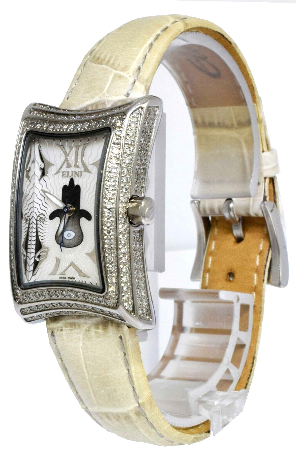 Elini Nazar Lucky Hand Hamsa Steel Diamond Ladies Quartz Watch on Leather Strap