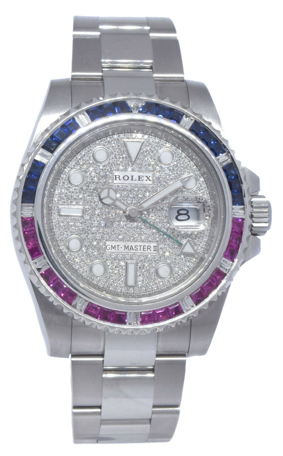 Rolex GMT-Master II Steel Diamond Dial Ruby/Sapphire Bezel 40mm Watch 116710