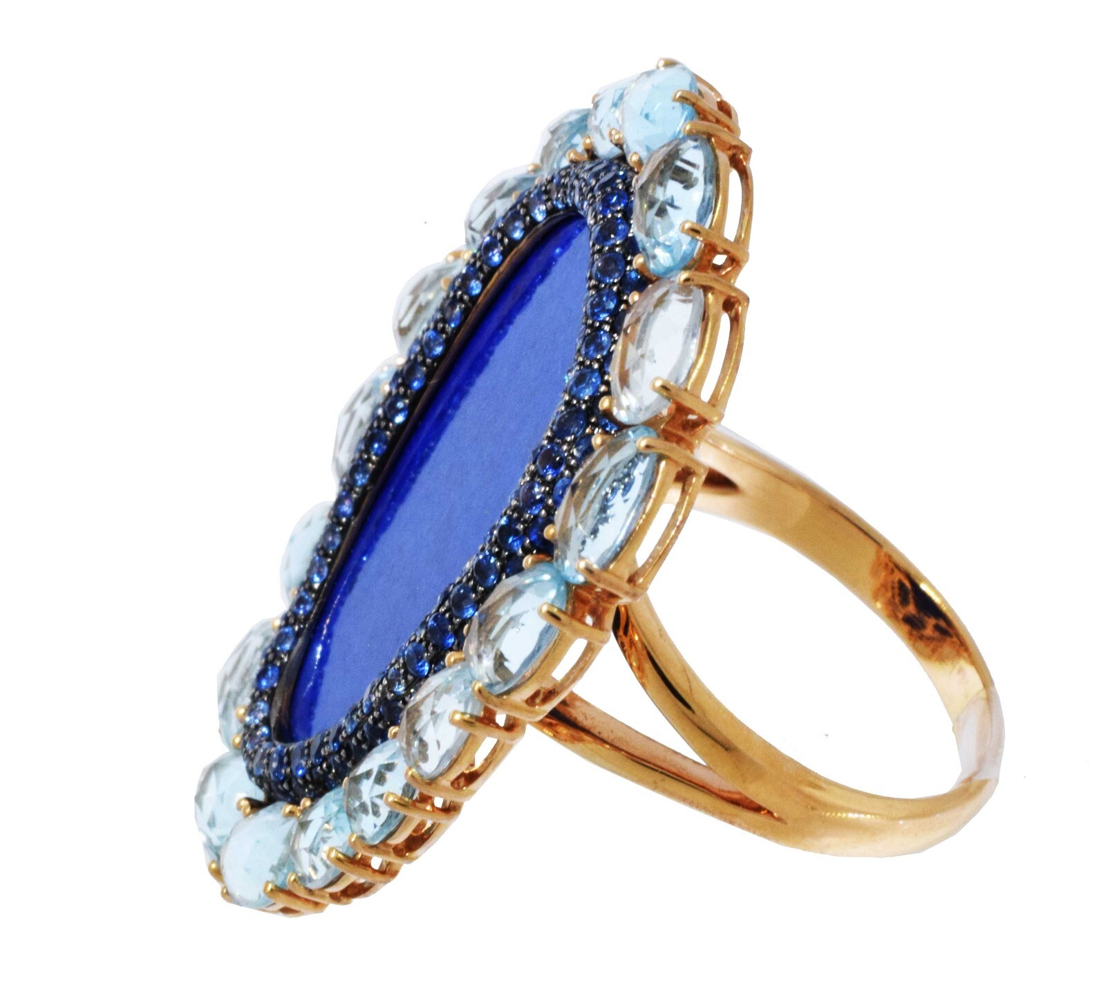 18k Rose Gold Multi Gemstone Ring Lapis Lazuli Sapphires & Aquamarine Size 8
