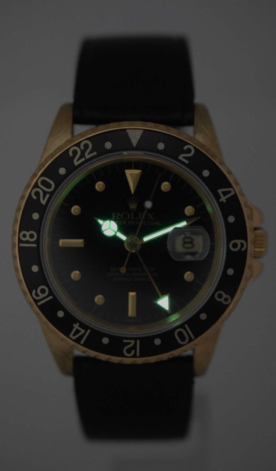 Rolex GMT-Master 18k Yellow Gold Black Nipple Dial 40mm Watch on Strap '84 16758