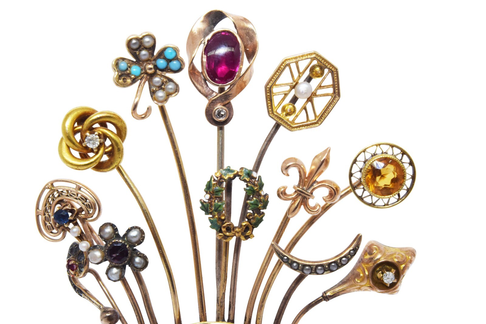 Art Nouveau Brooch 14k Yellow Gold with 12 Stickpins