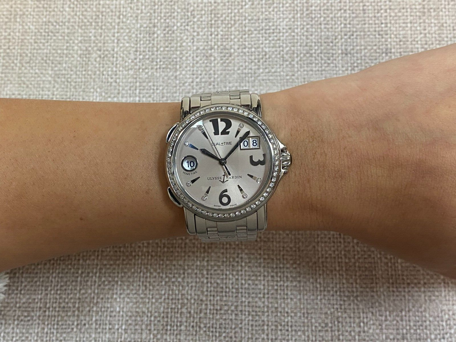 Ulysse Nardin Dual Time Steel Pink Dial & Diamond Ladies 37mm Watch B/P 223-22