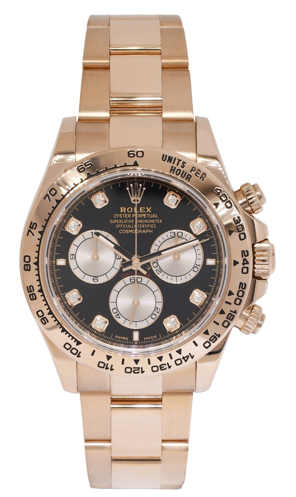 NOS Rolex Daytona 18k Rose Gold Black/Sundust Diamond Dial Watch B/P '24 126505