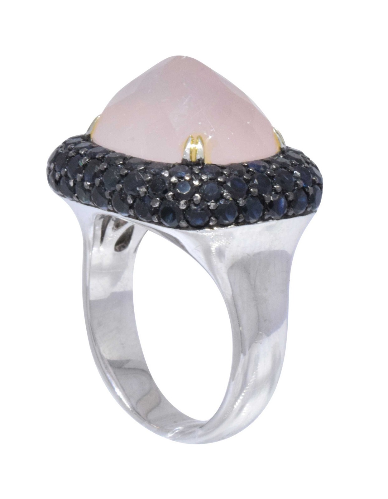 Black Diamond & Rose Quartz 18k White Gold Ladies Ring Size 7
