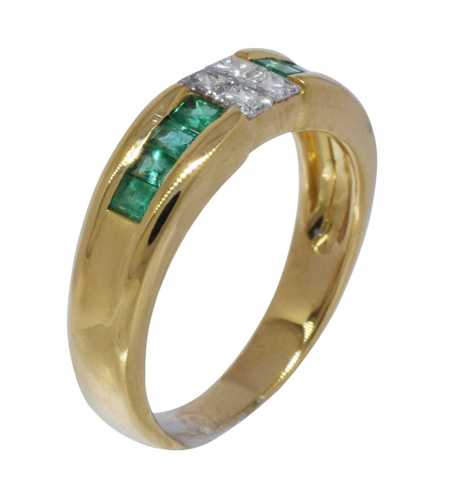 Green Emerald & Princess Cut Diamond 18k Yellow Gold Ladies Band Ring Size 6.25