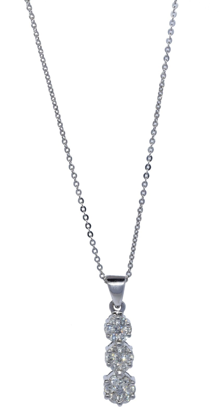 Ladies 14K White Gold 3 Diamond Cluster Necklace 16" 0.75ct