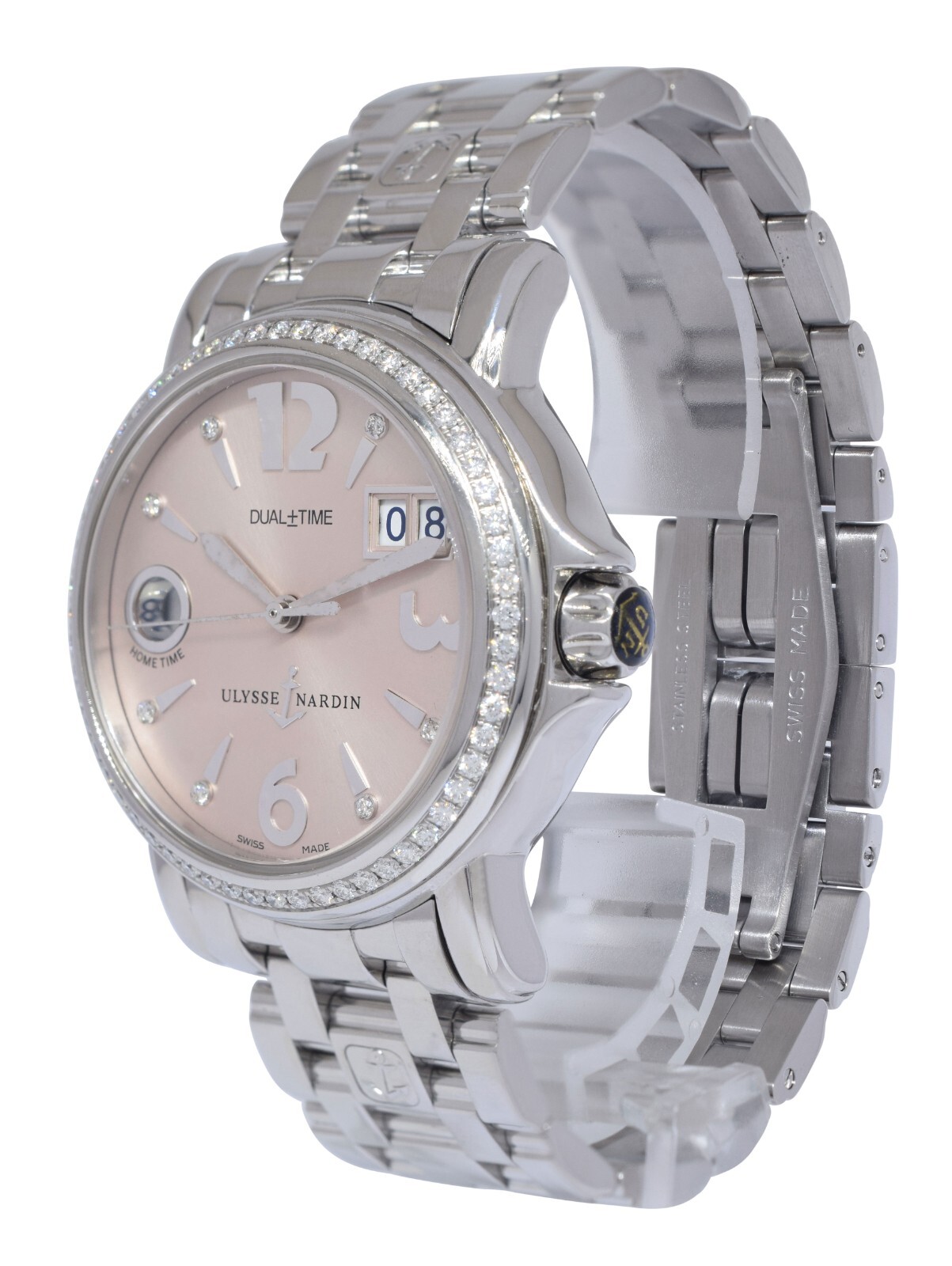 Ulysse Nardin Dual Time Steel Pink Dial & Diamond Ladies 37mm Watch B/P 223-22