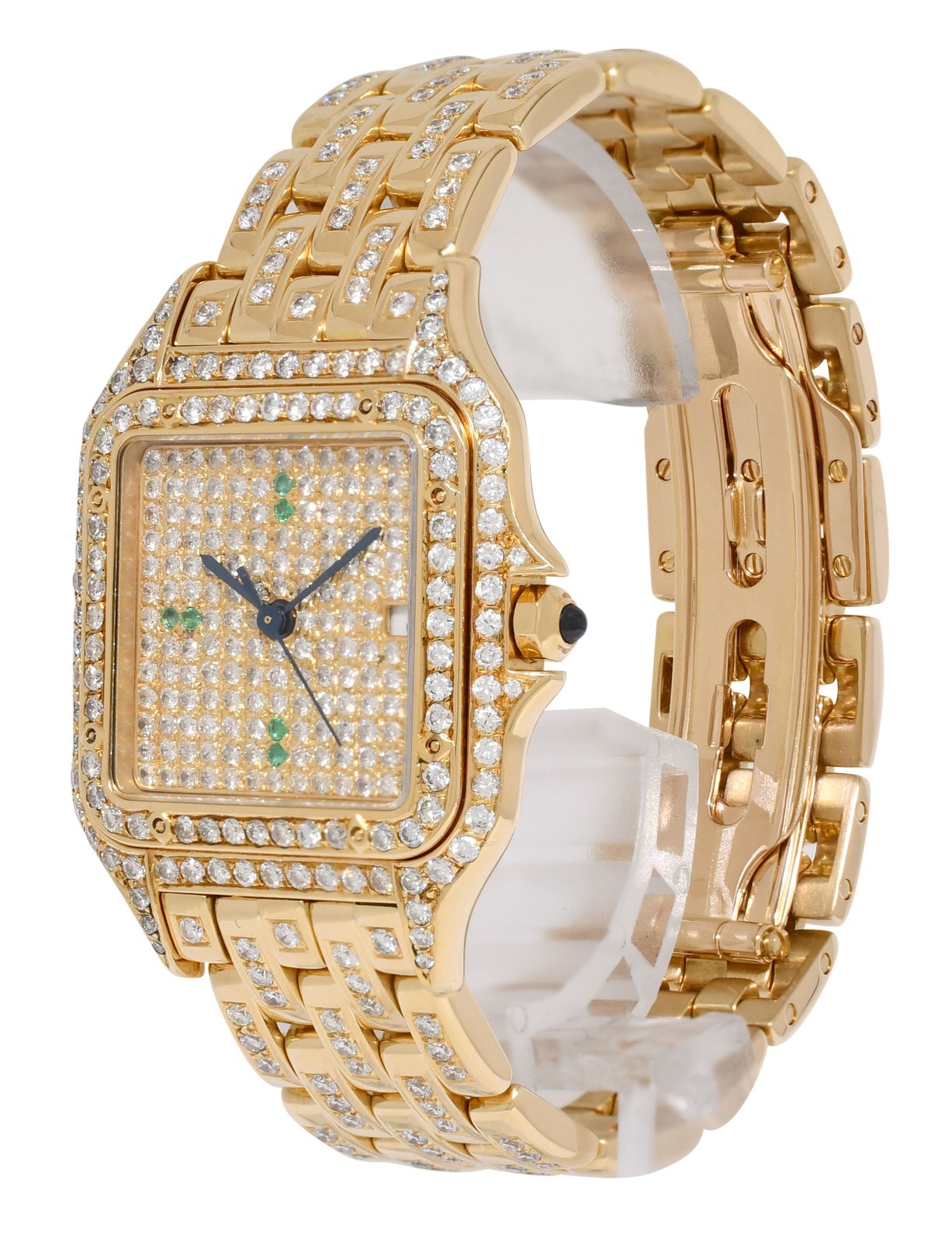 Cartier Panthere Large 18k Yellow Gold Pave Diamond/Emerald Quartz Watch 883968