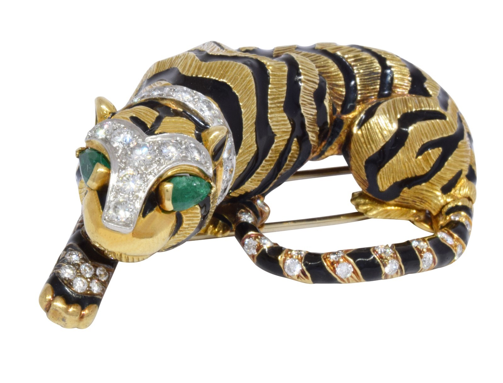 David Webb Tiger 18k Yellow Gold Black Enamel Diamond & Green Emerald Brooch