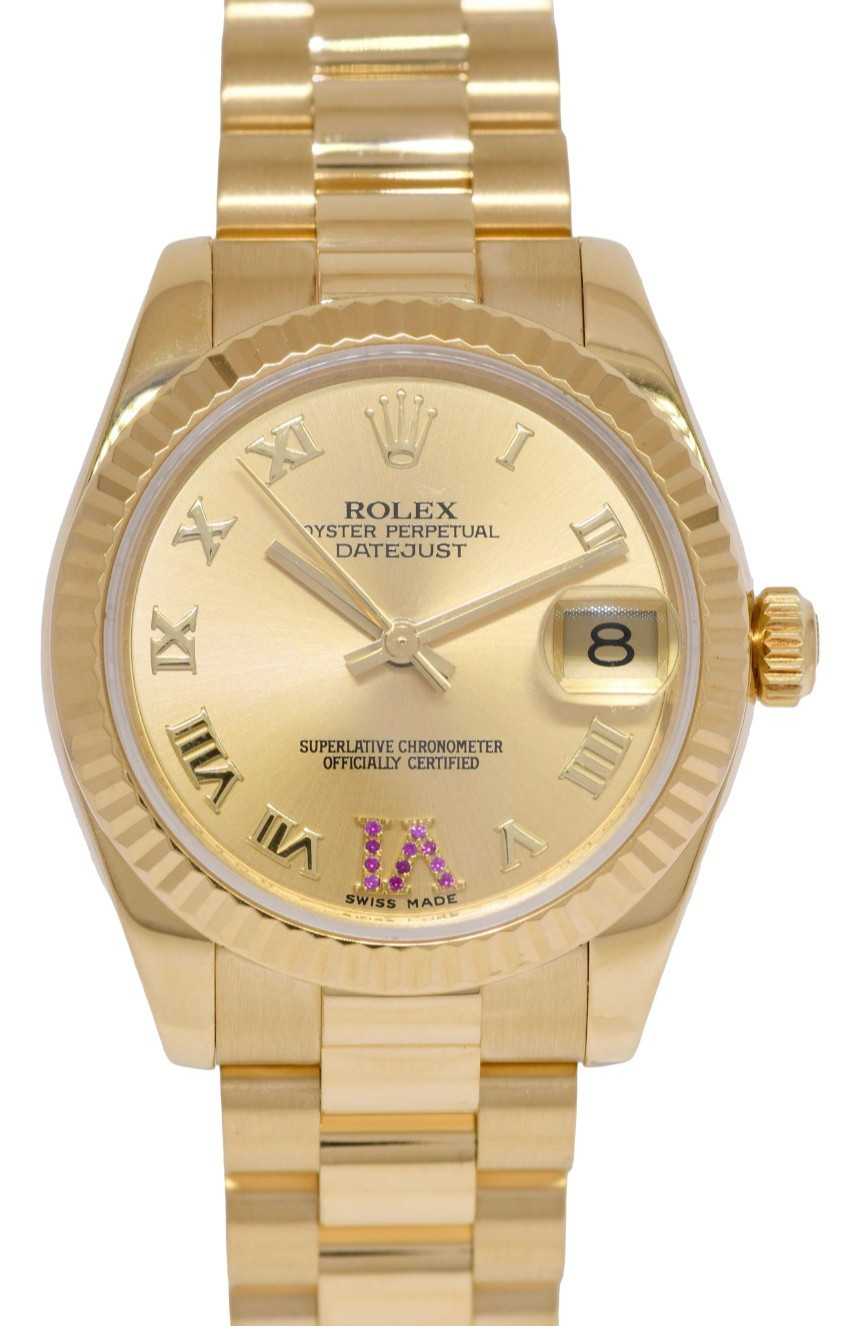 Rolex Datejust President 18k Yellow Gold Ruby VI Ladies 31mm Watch +Card 178278