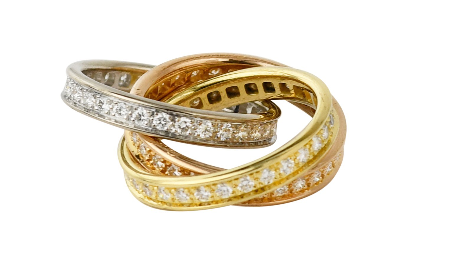 Cartier Trinity Pave Diamond Tri-Color 18k White Yellow & Rose Gold Ring Size 49
