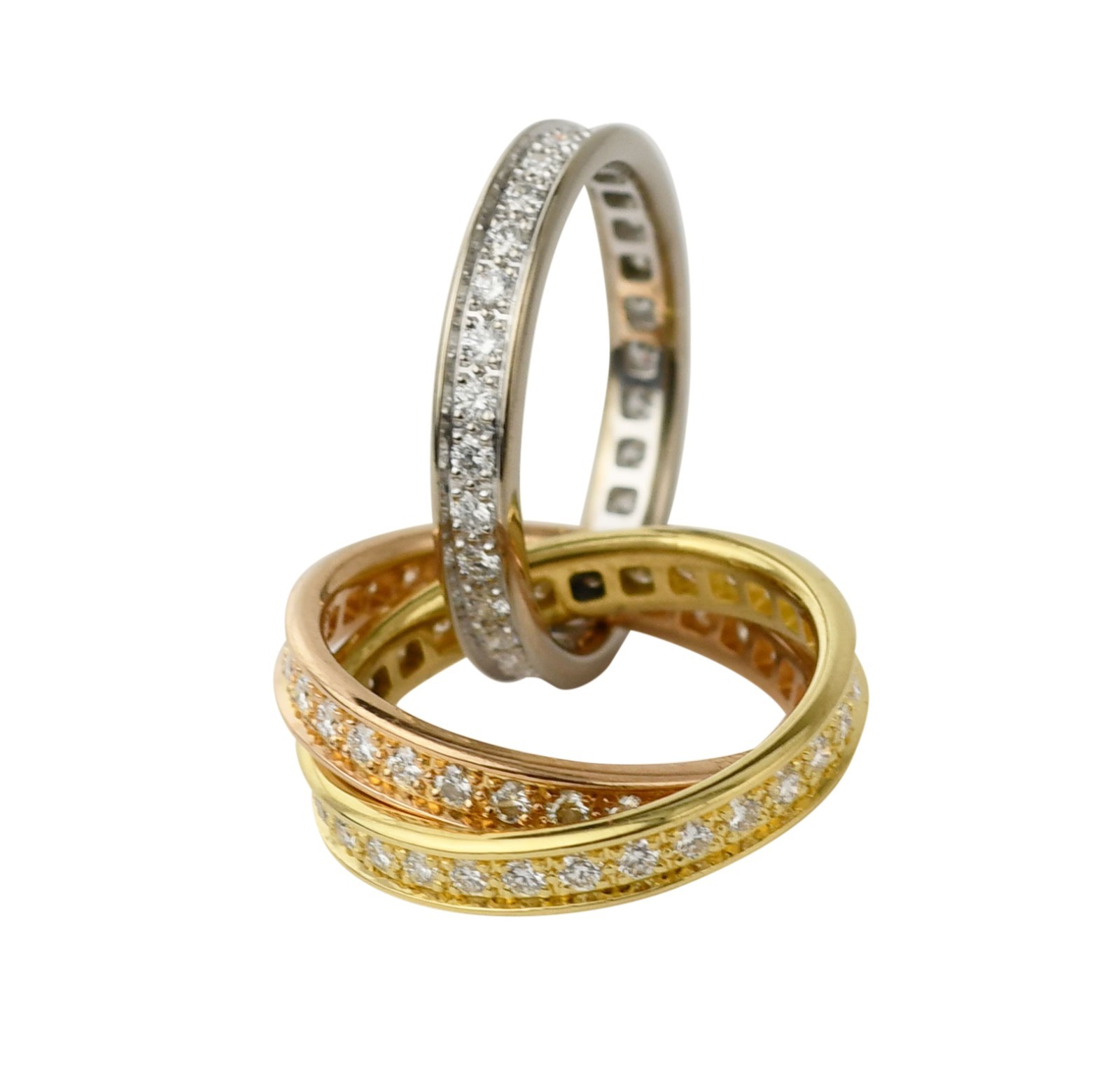Cartier Trinity Pave Diamond Tri-Color 18k White Yellow & Rose Gold Ring Size 49