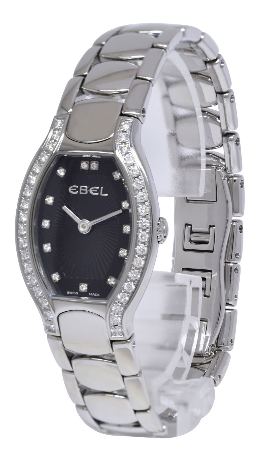 Ebel Beluga Steel Black Diamond Dial/Bezel Ladies 23mm Quartz Watch E9656G28