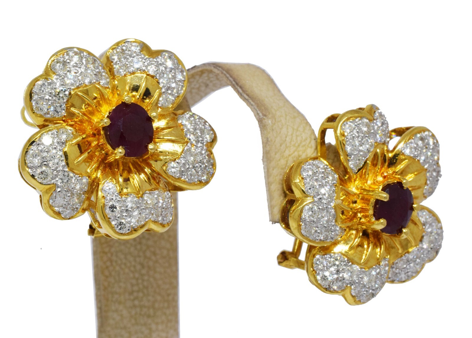 18k Yellow Gold Flower Earrings 4.00 ct Diamond Ruby 3.00 ct