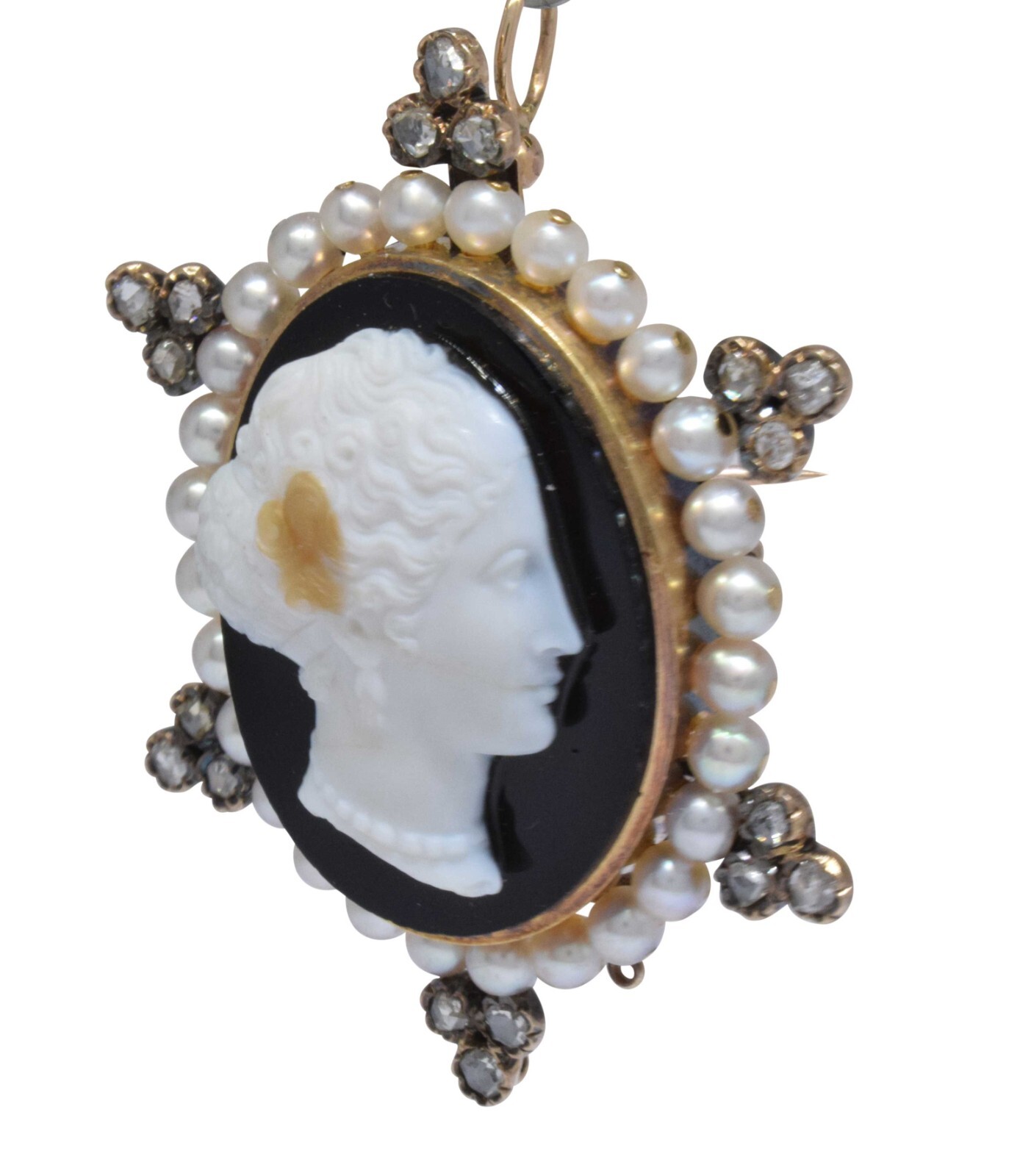 Old Mine Cut Diamonds & Pearls 14k Yellow Gold Cameo Brooch