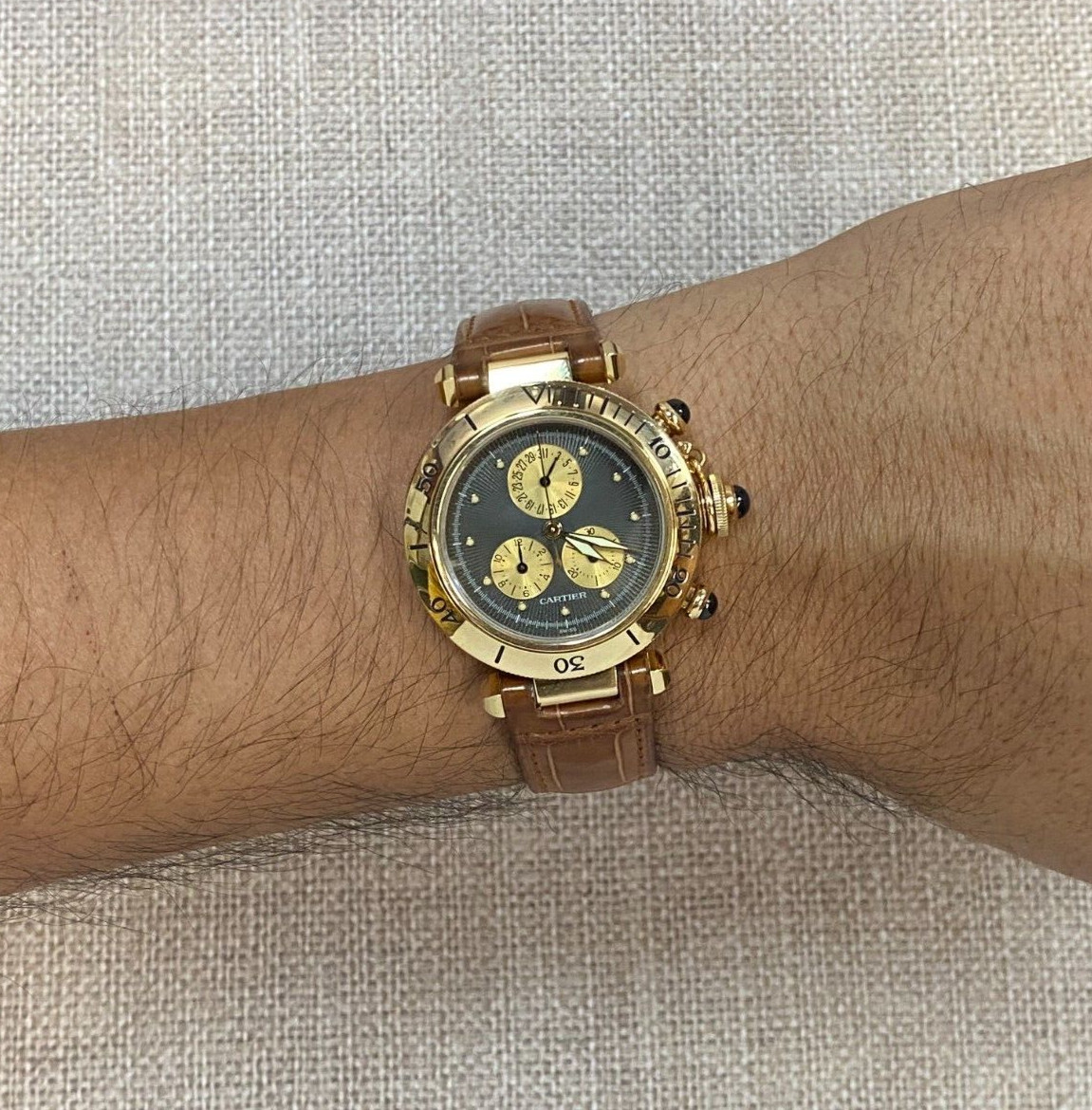 Cartier Pasha 35mm Chronograph 18K Yellow Gold Quartz Mens Wrist Watch 1353