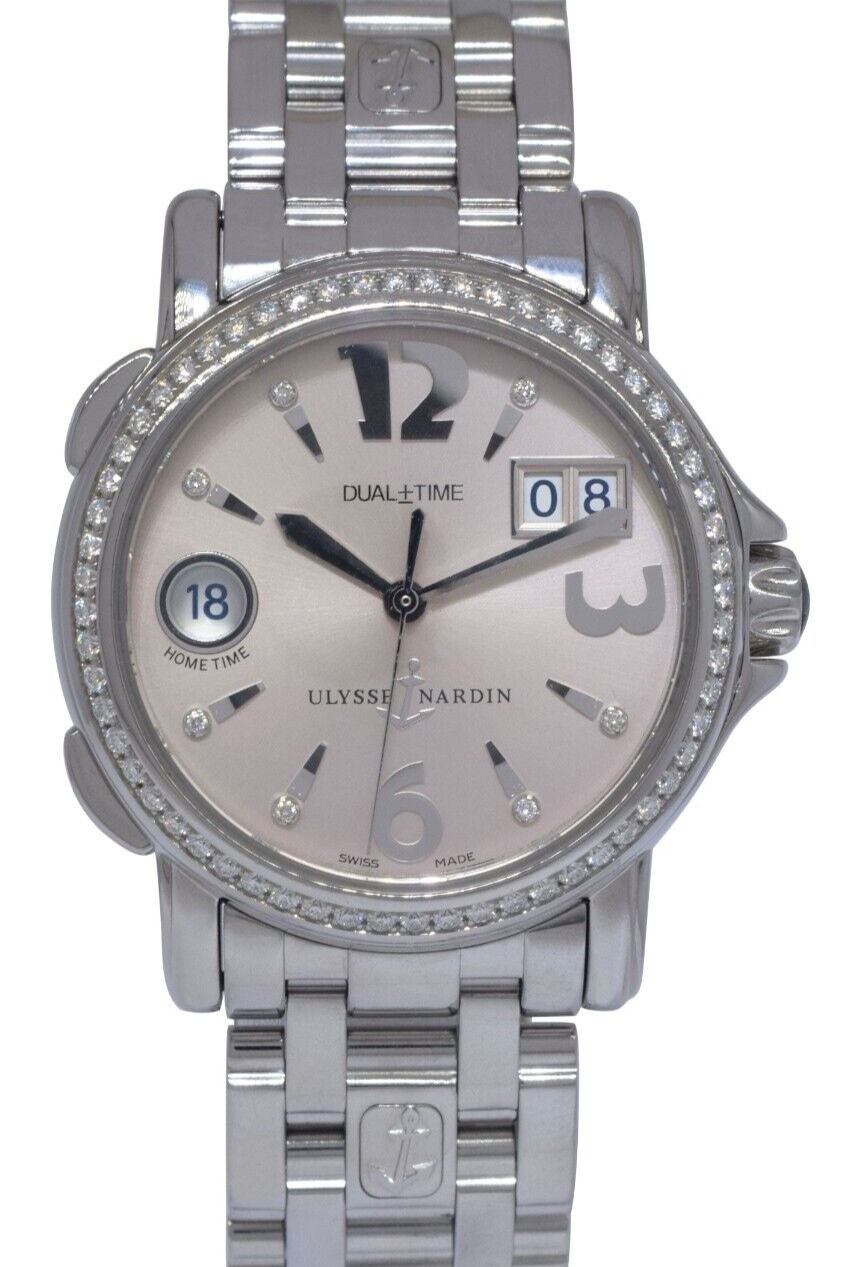 Ulysse Nardin Dual Time Steel Pink Dial & Diamond Ladies 37mm Watch B/P 223-22