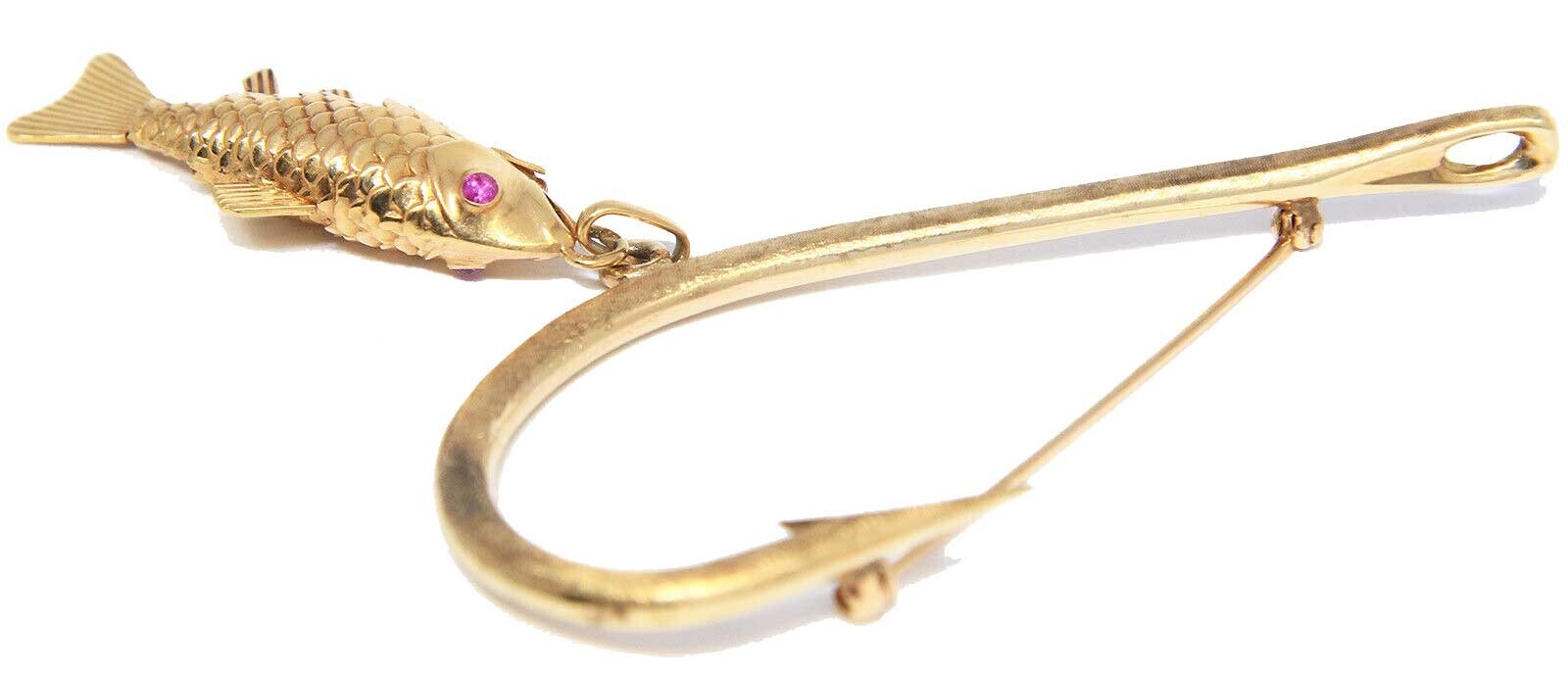 Fish & Hook Vintage 14k Yellow Gold & Ruby Brooch Pin Fish & Hook Vintage 14k Yellow Gold & Ruby Brooch Pin
