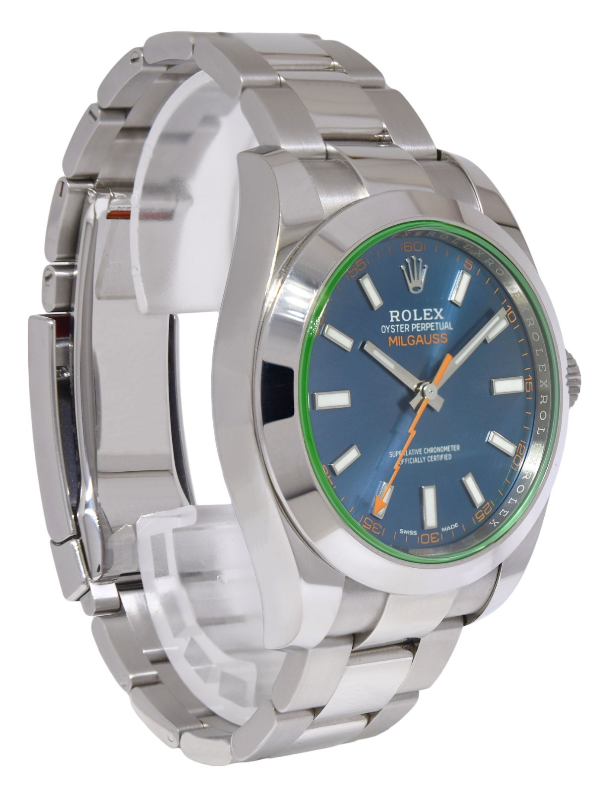 Rolex Milgauss Steel Blue Dial Green Crystal Mens 40mm Watch +12 116400