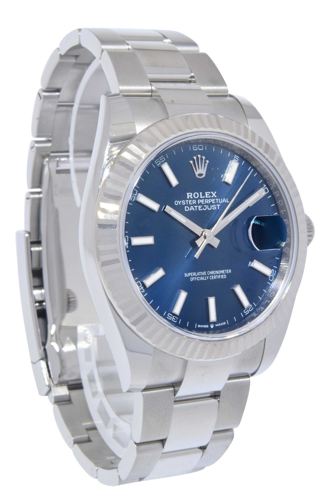 NOS Rolex Datejust 41 Steel & 18k White Gold Bezel Blue Dial Watch BP '21 126334