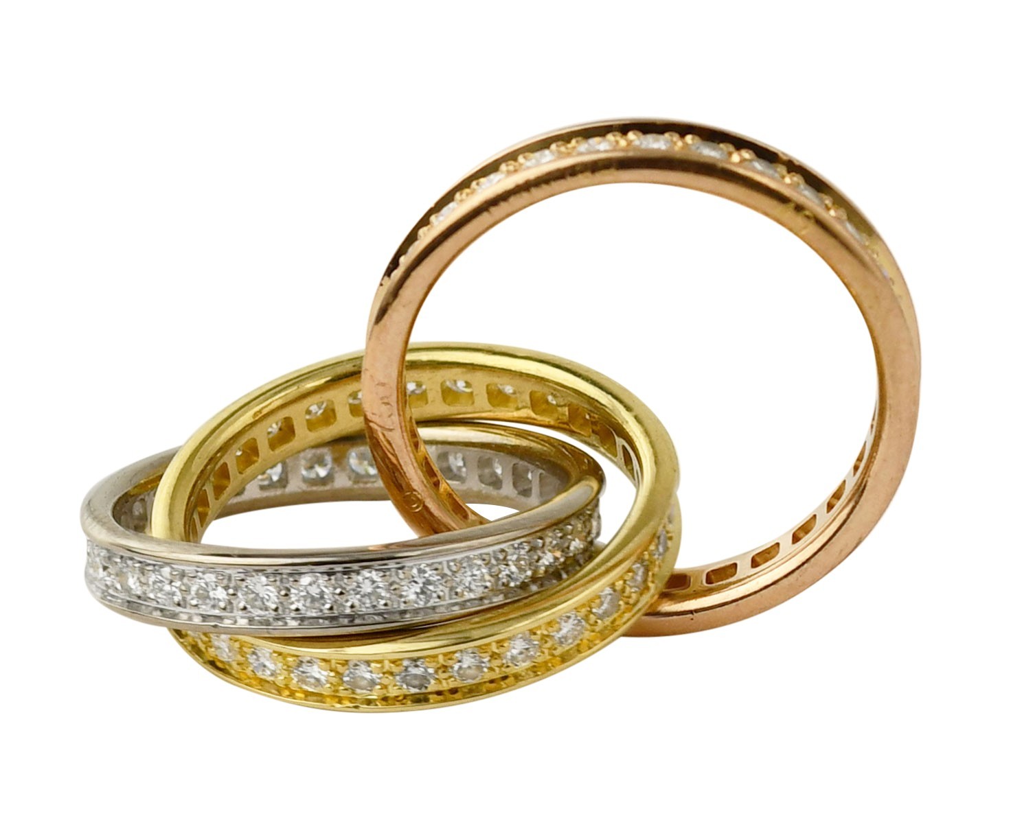 Cartier Trinity Pave Diamond Tri-Color 18k White Yellow & Rose Gold Ring Size 49