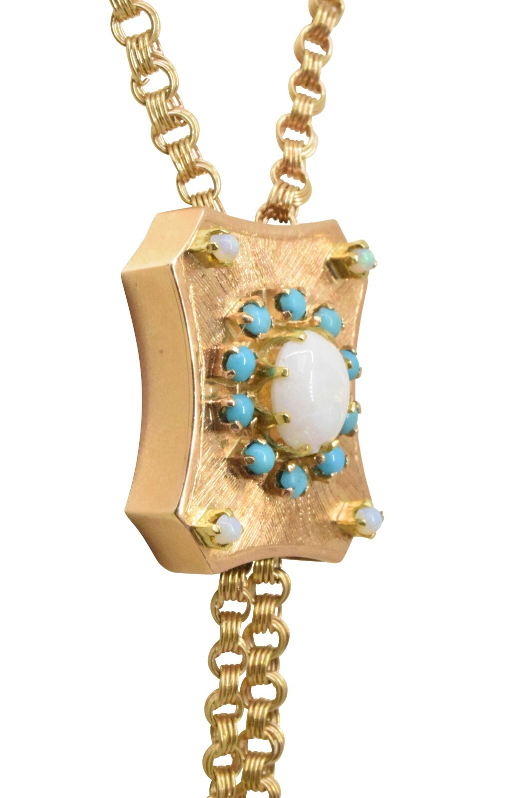 Opal & Tuquoise Lanyard Link Chain Necklace in 14k Yellow Gold Opal & Tuquoise Lanyard Link Chain Necklace in 14k Yellow Gold