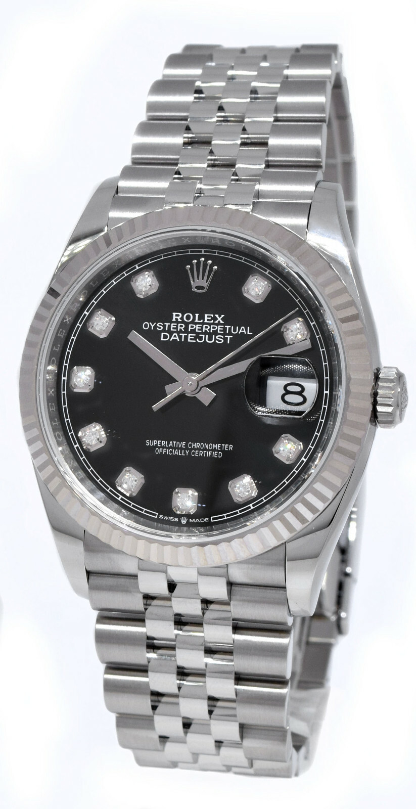 NOS Rolex Datejust Steel Black Diamond Dial Mens 36mm Watch '21 B/P 126234