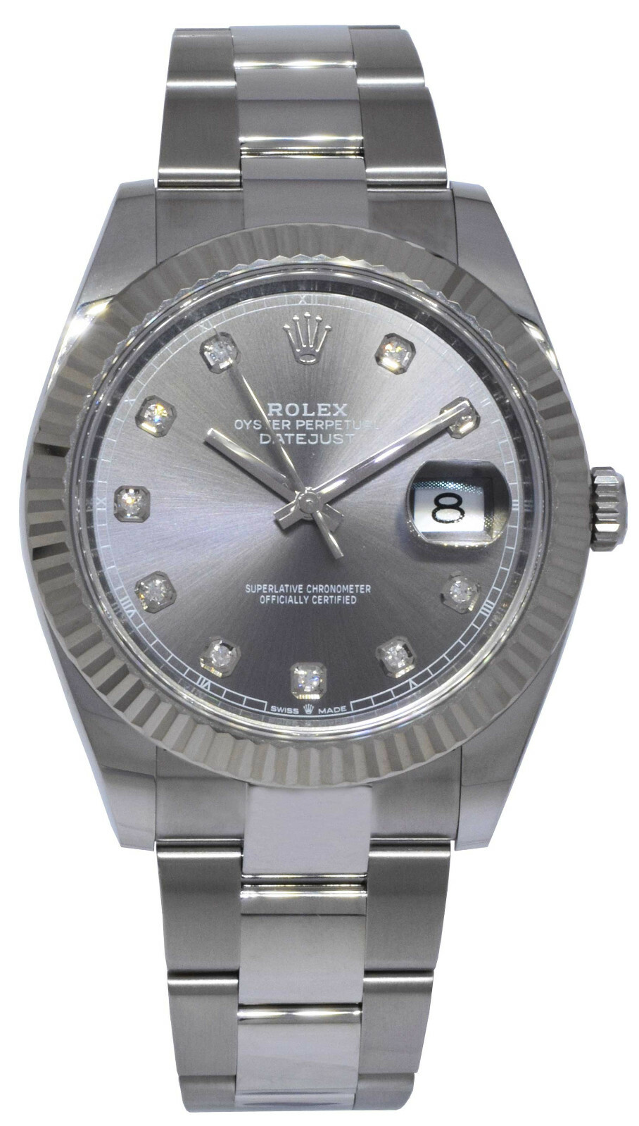 NOS Rolex Datejust 41 Steel /18k WG Rhodium Diamond Dial Watch B/P '21 126334