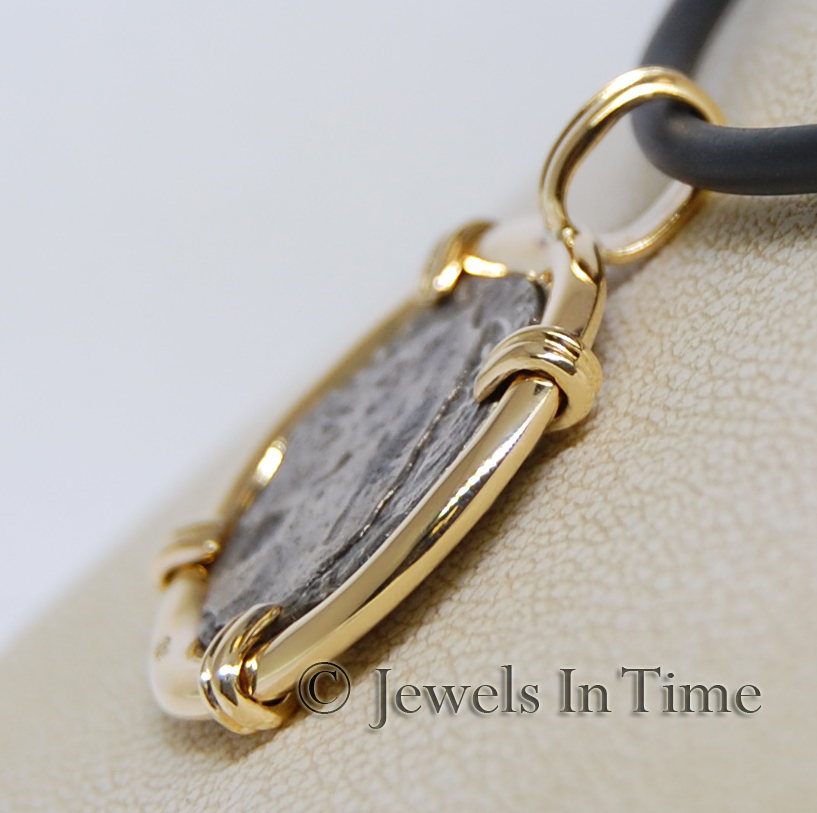 Antique Silver Coin Necklace in 18k Yellow Gold with 15'' Rubber Cord