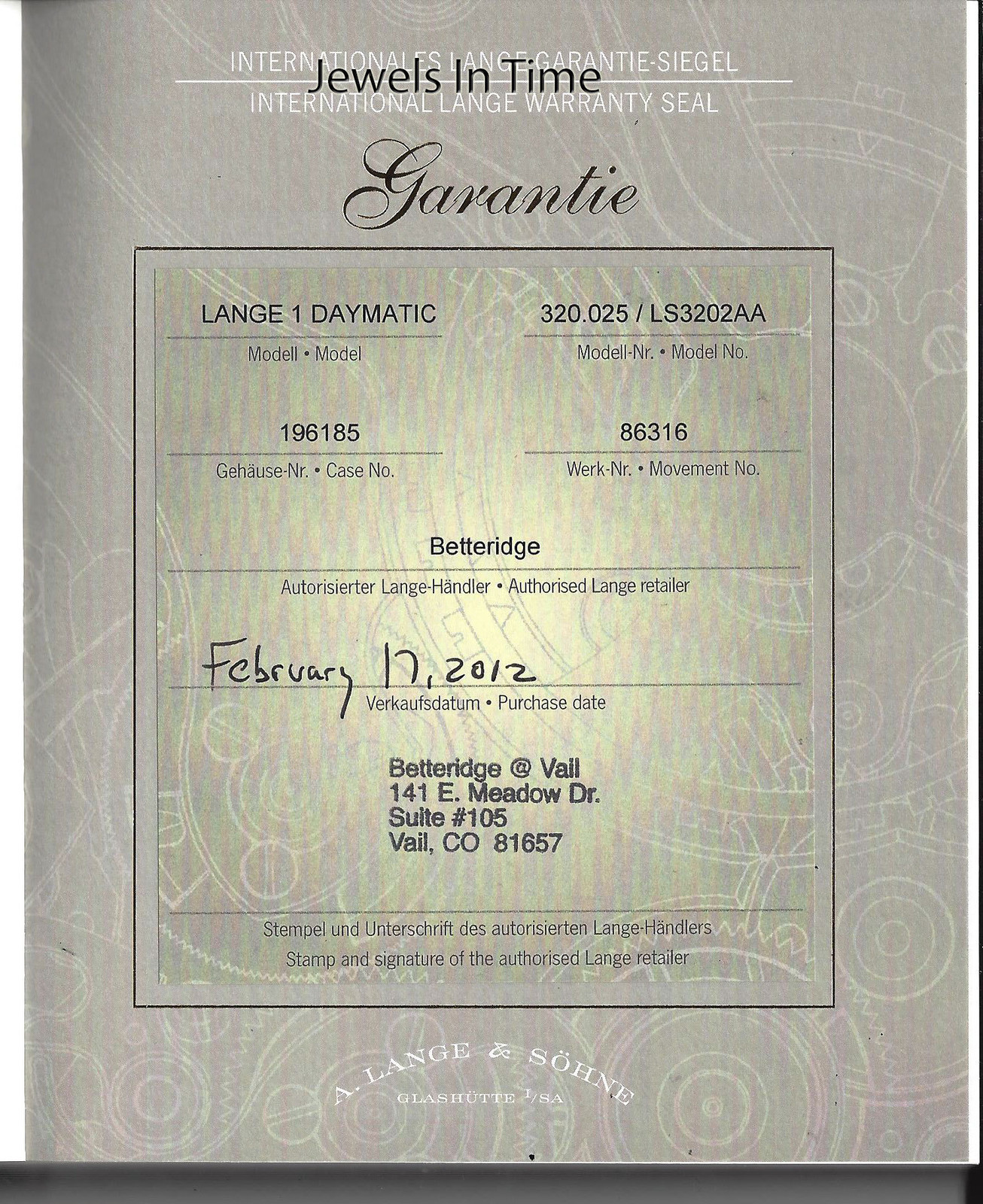 A. Lange & Sohne Lange 1 Daymatic Platinum Watch Box/Papers 320.025