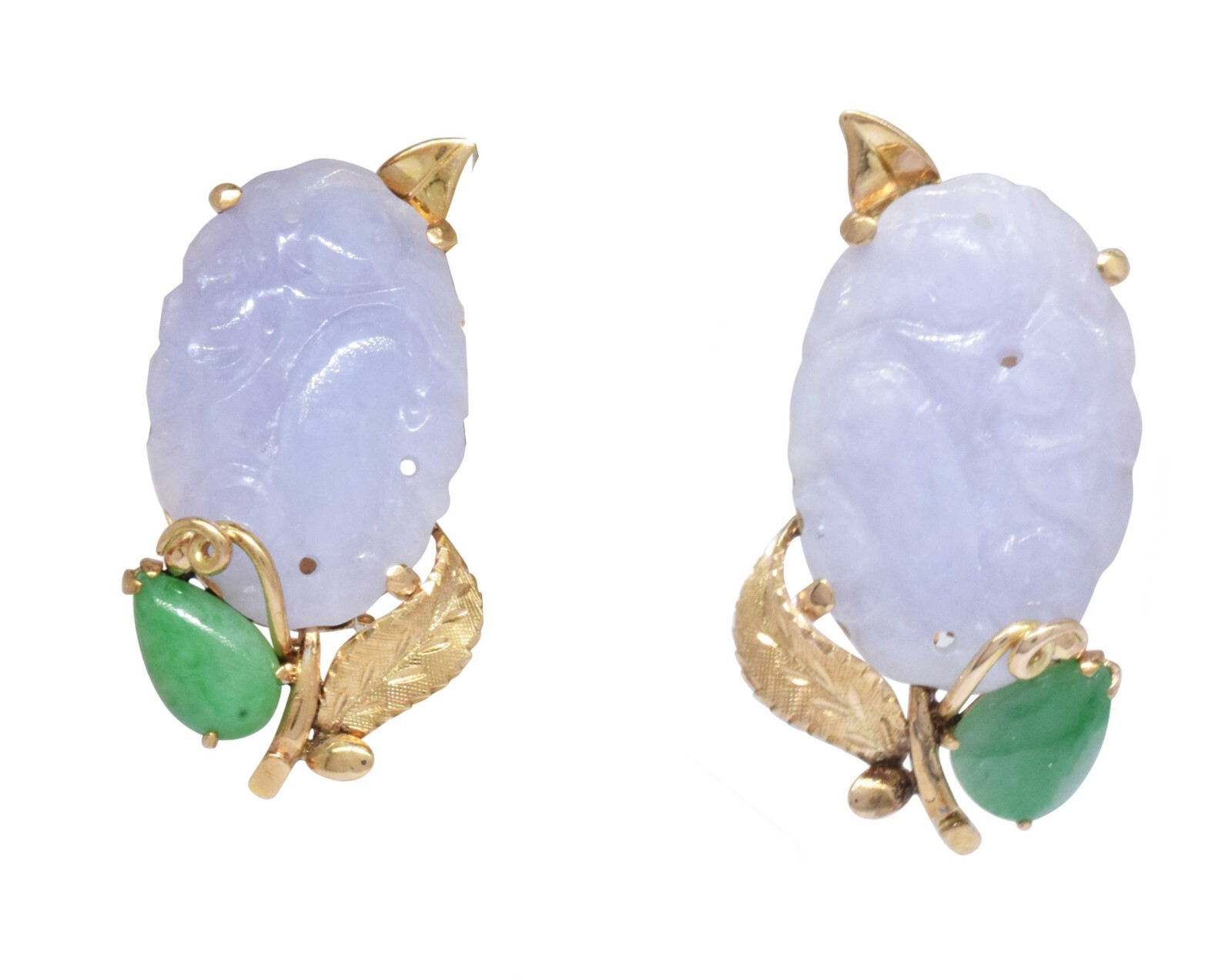 Carved Lavender Jade & Green Jade 14k Yellow Gold Clip Earrings