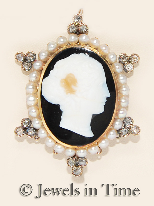 Old Mine Cut Diamonds & Pearls 14k Yellow Gold Cameo Brooch