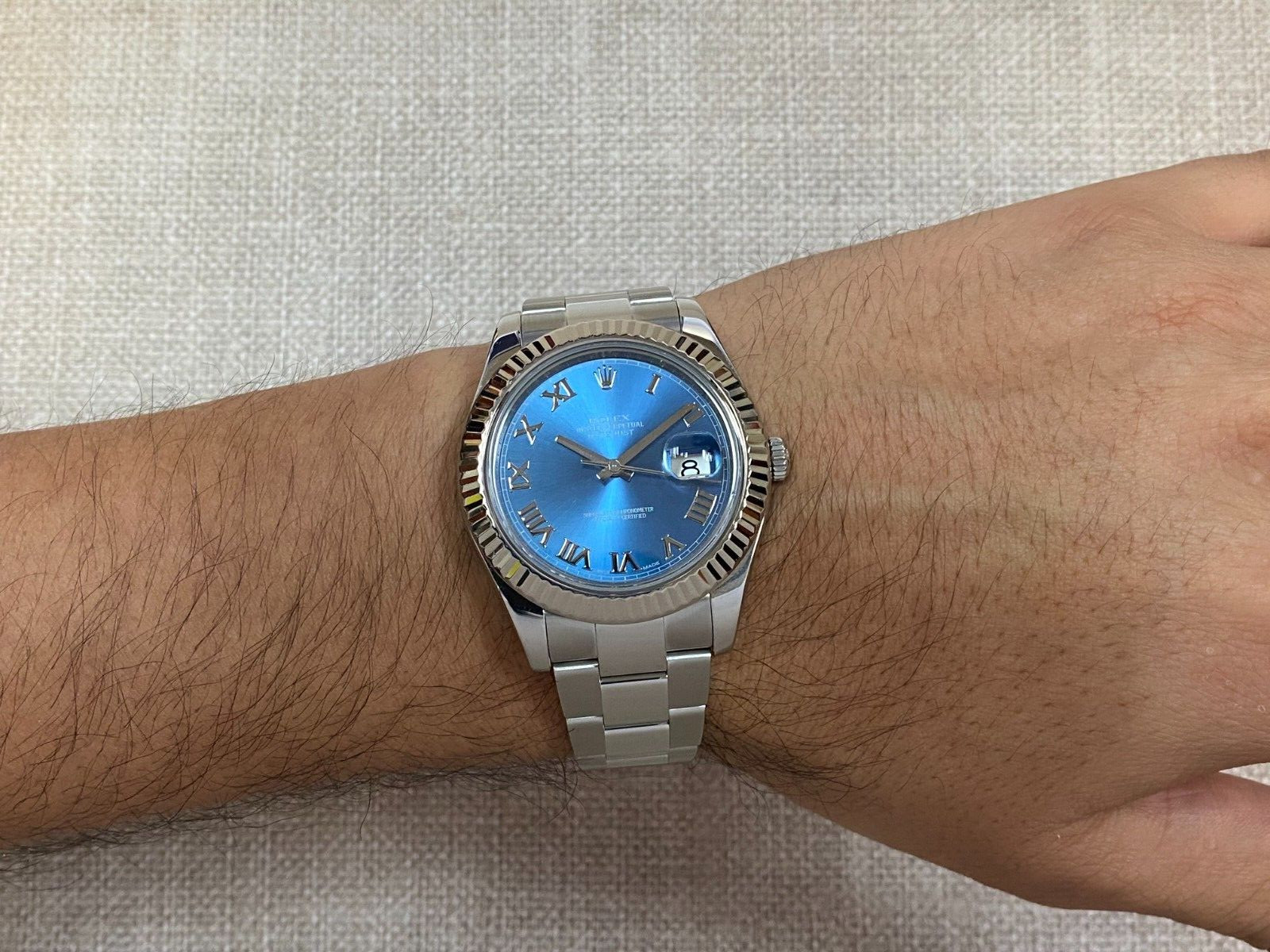 Rolex Datejust II Steel & 18k White Gold Bezel Blue Dial Mens 41mm Watch 116334