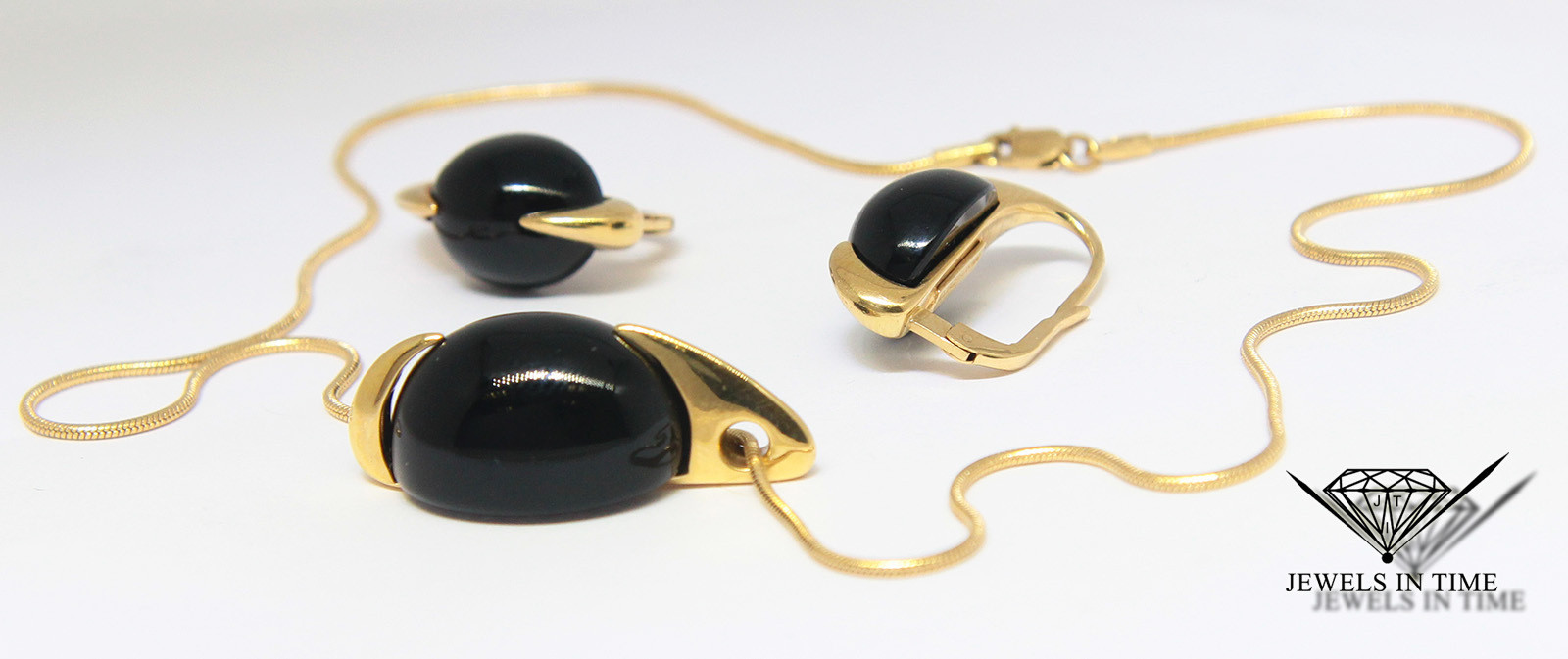 Tito Pedrini Black Onyx Gemstone in 18k Yellow Gold Necklace & Earrings Set