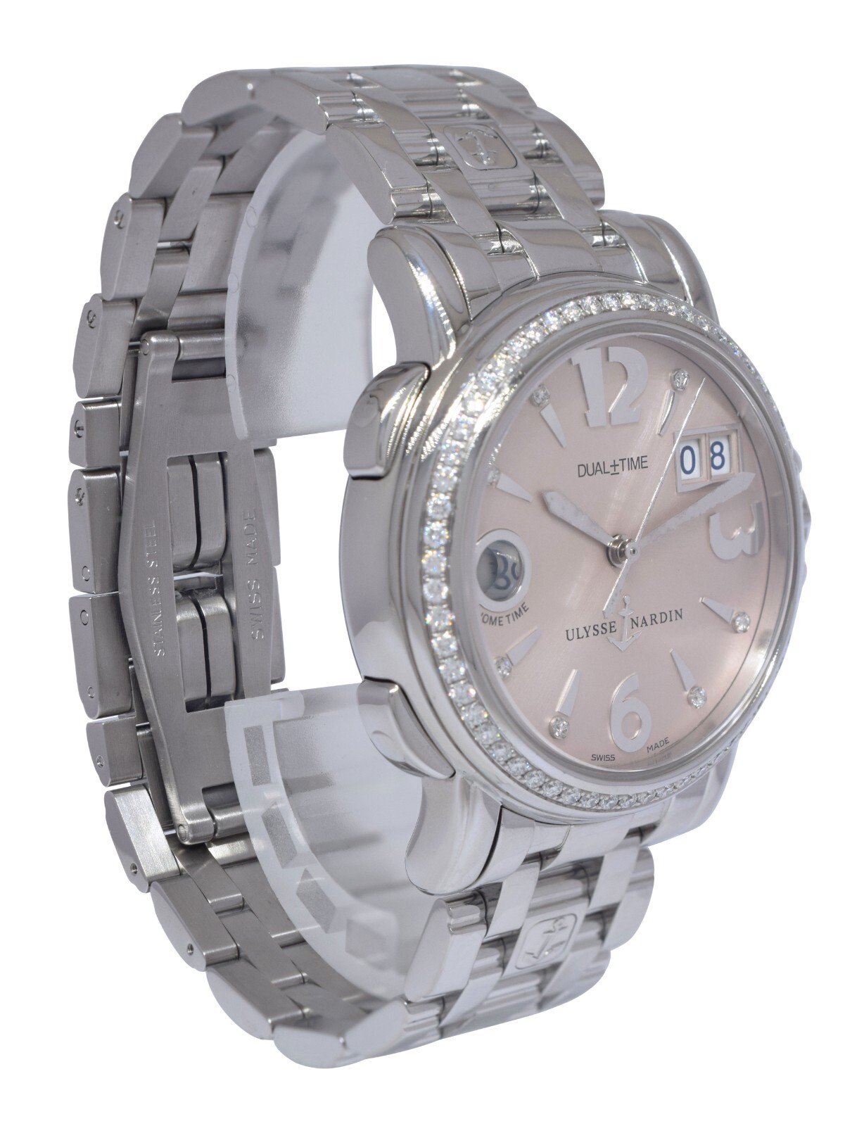 Ulysse Nardin Dual Time Steel Pink Dial & Diamond Ladies 37mm Watch B/P 223-22