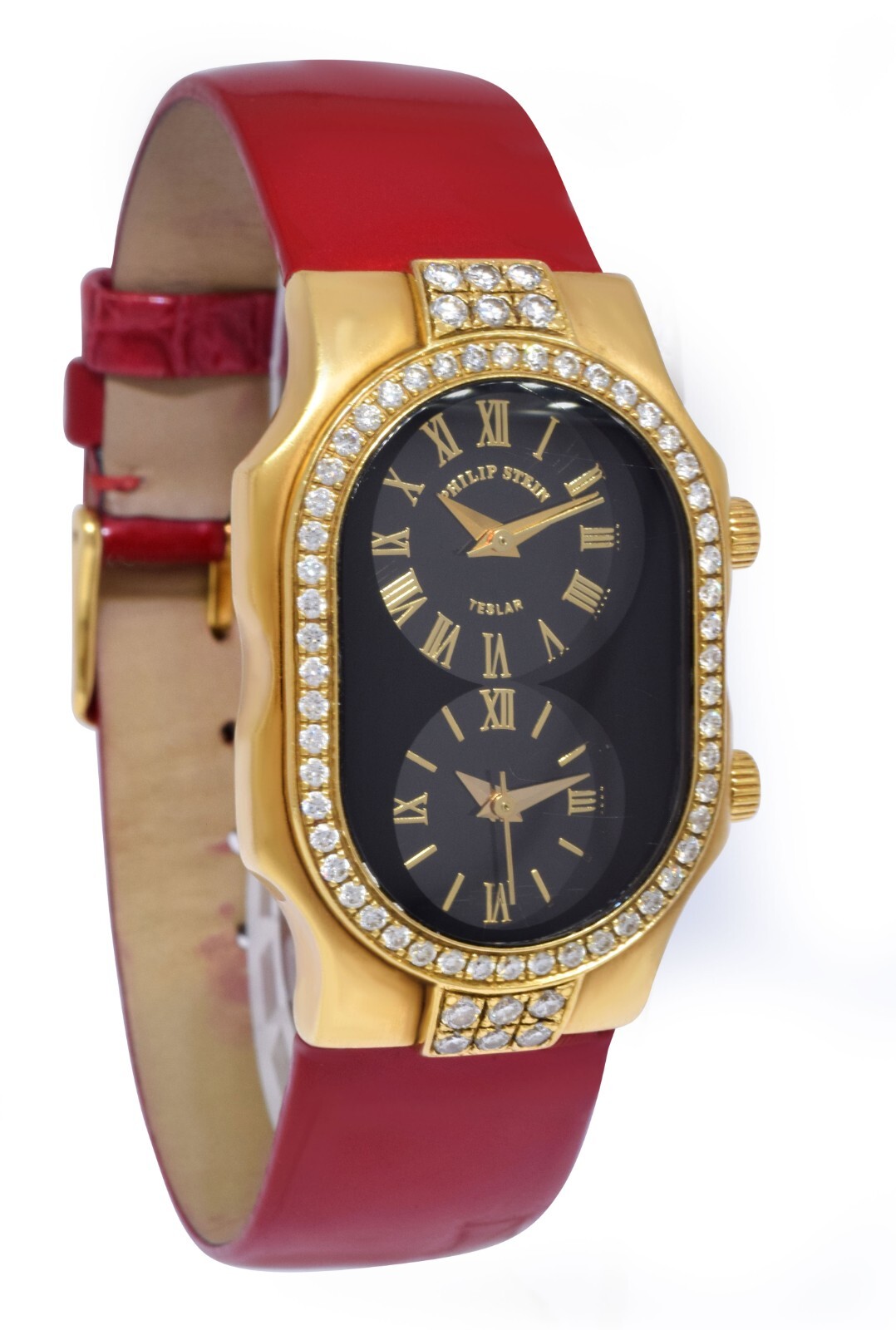 Philip Stein Teslar Dual Time 18k Yellow Gold Diamond Bezel 27mm Quartz Watch