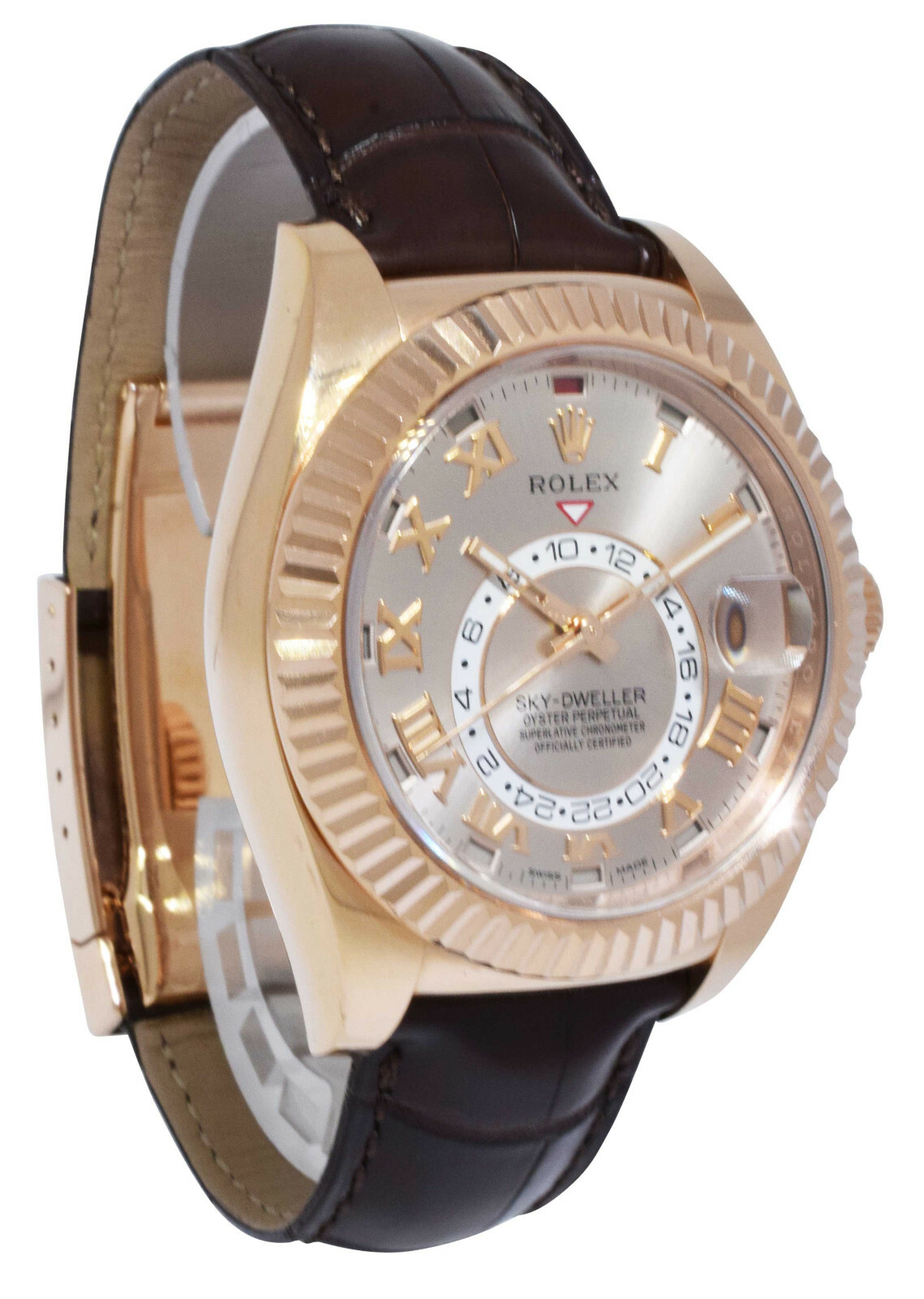 Rolex Sky-Dweller 18k Everose Gold Sundust Roman Dial Mens 42mm GMT Watch 326135