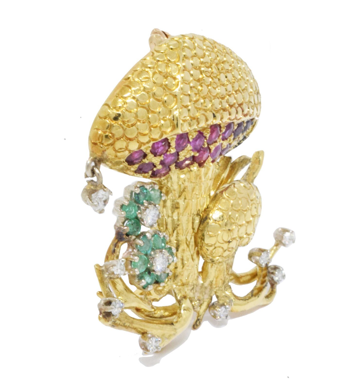 18K Gold Whimsical Mushroom Diamond Rubbie & Emeralds Pin