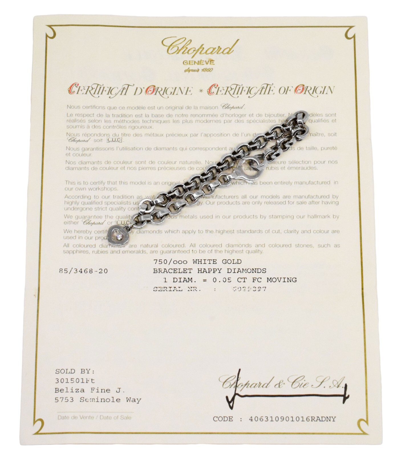 Chopard Happy Diamonds 18k White Gold Link Bracelet +Certificate 85/3468-20
