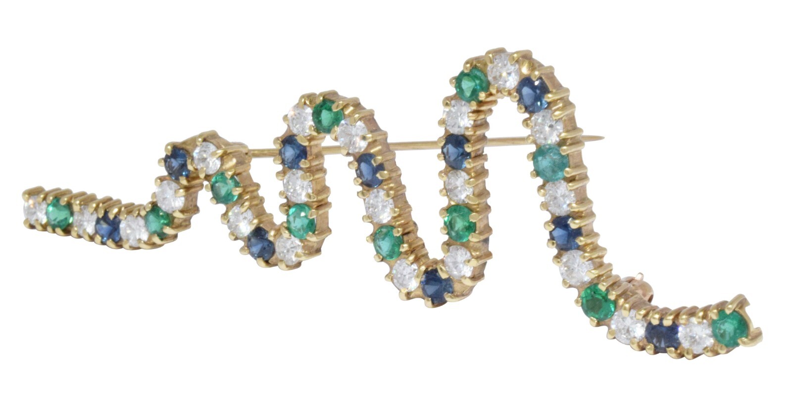 Ladies Diamond, Emerald & Sapphire 18k Yellow Gold Squiggle Brooch