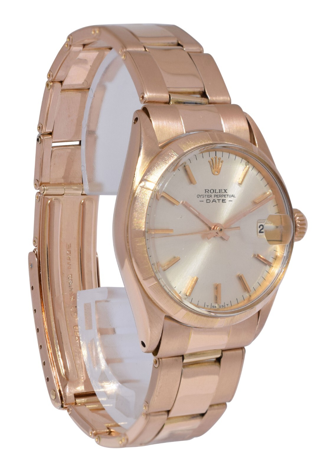 Rolex Date 18k Rose Gold Silver Dial Rivet Ladies 30mm Vintage Watch 6625