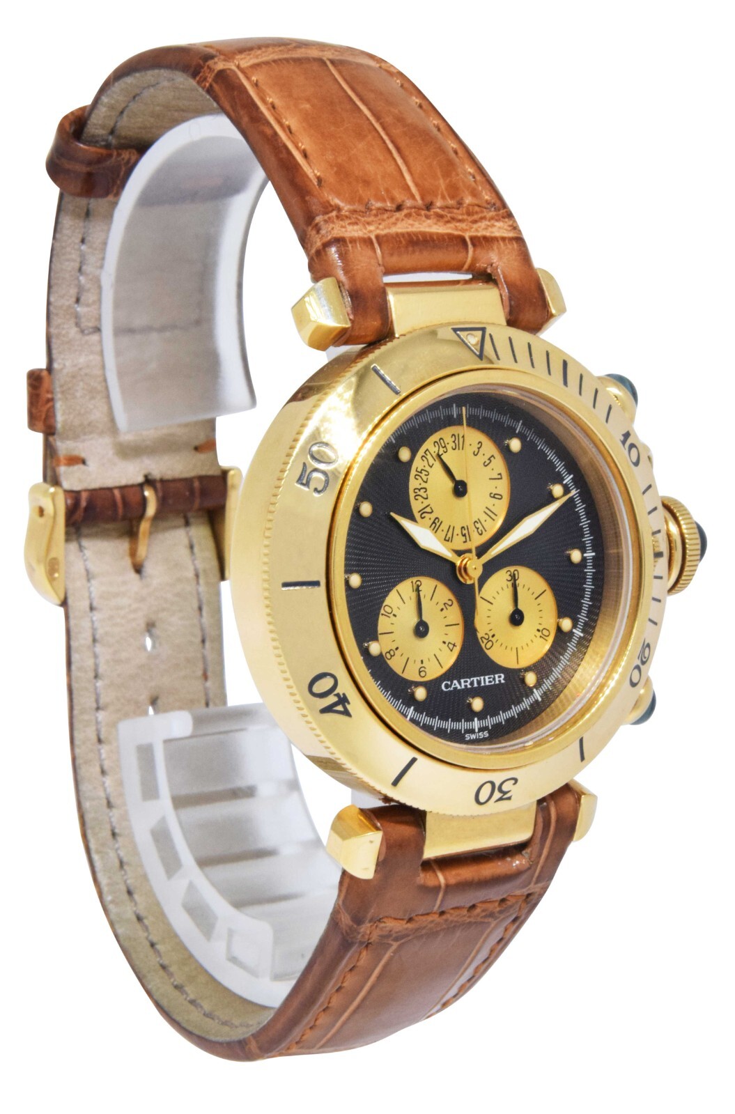 Cartier Pasha 35mm Chronograph 18K Yellow Gold Quartz Mens Wrist Watch 1353