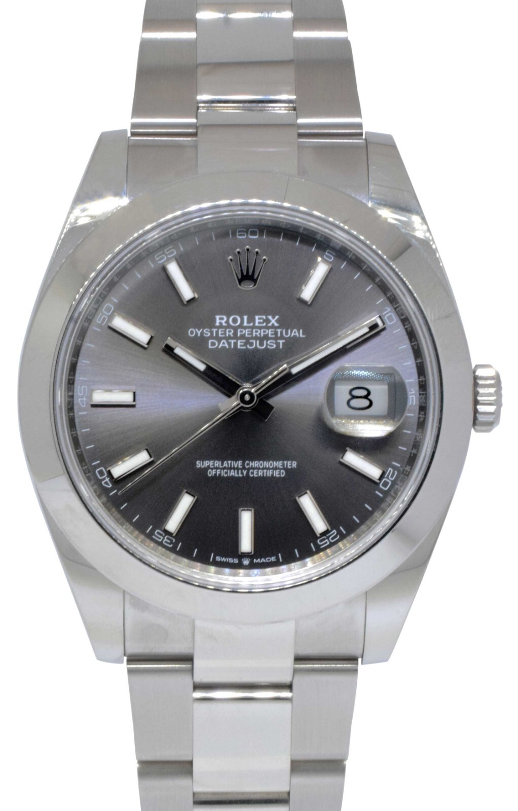 NOS Rolex Datejust 41 SS Rhodium Index Dial Oyster Mens Watch B/P '21 126300