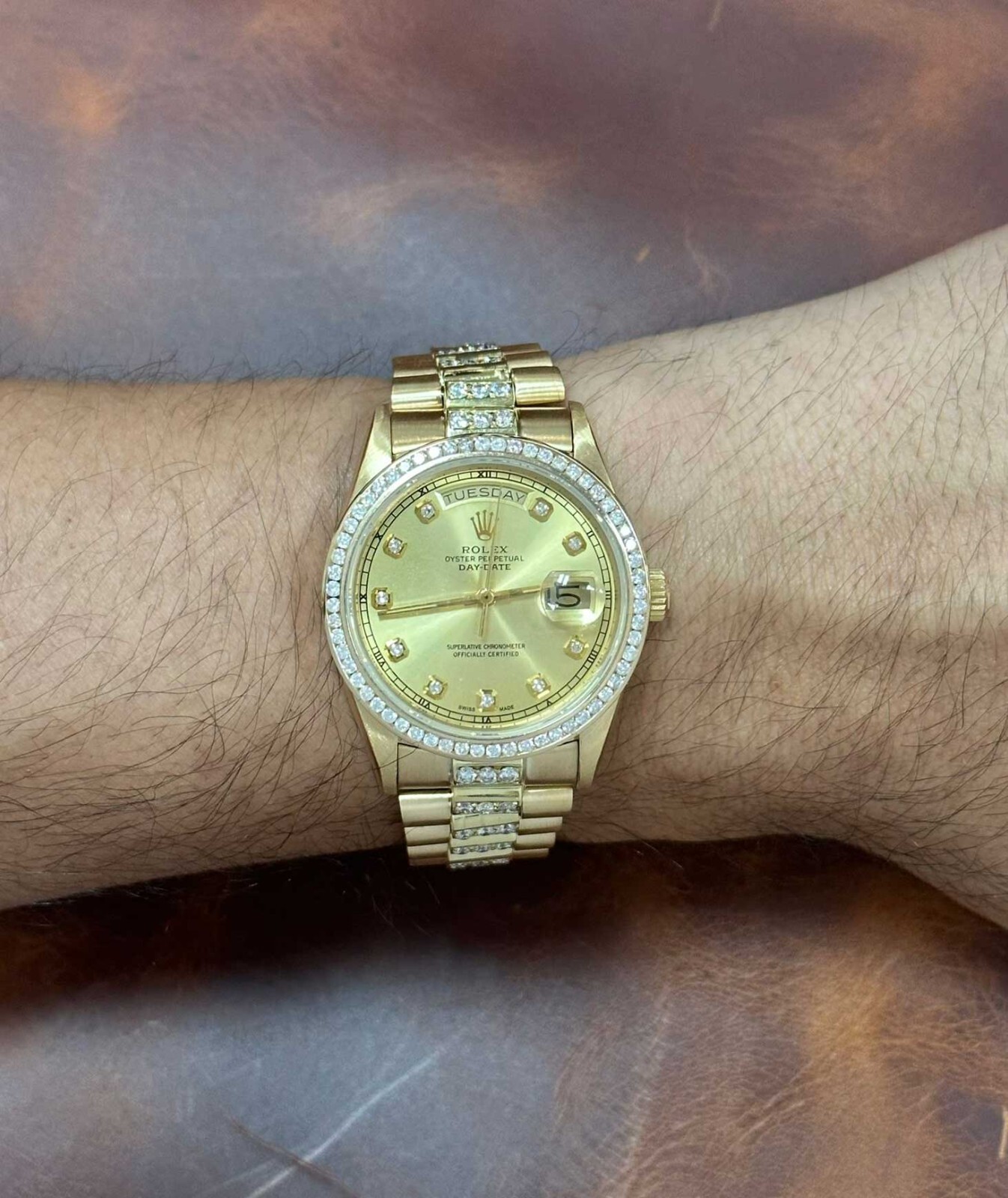 Rolex Day-Date President 18k Yellow Gold Diamond Dial/Bracelet/Bezel Watch 18038