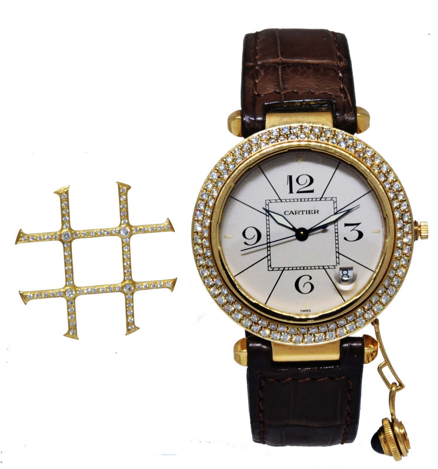 Cartier Pasha 38mm 18k YG Diamond Grid w/Ivory Dial Leather Automatic Watch 1988