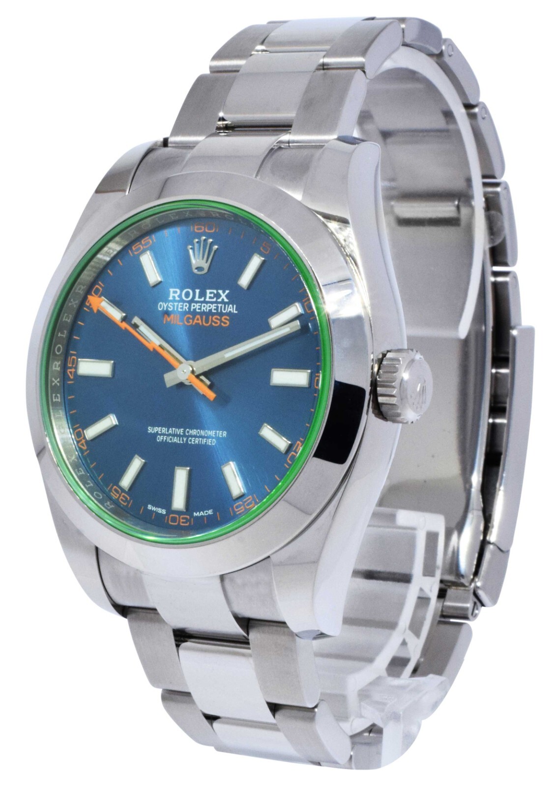 Rolex Milgauss Steel Blue Dial Green Crystal Mens 40mm Watch +Card '21 116400