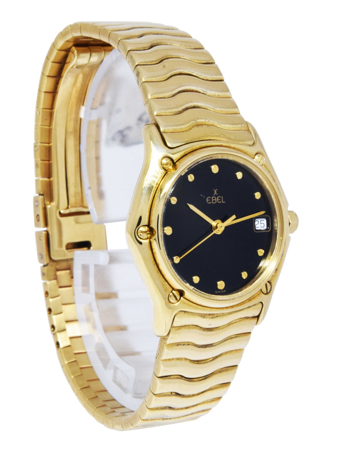 Ebel 1911 18k Gold Watch Sportwave Bracelet Black Dial Quartz Watch B/B 11126102